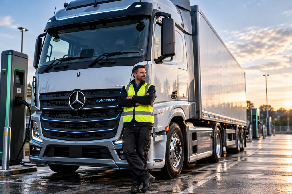 can you generate an image for Gearr Uk ltd of - a hgv driver in the Uk with a battery- electric HGV tractor unit. Gearr Uk lts